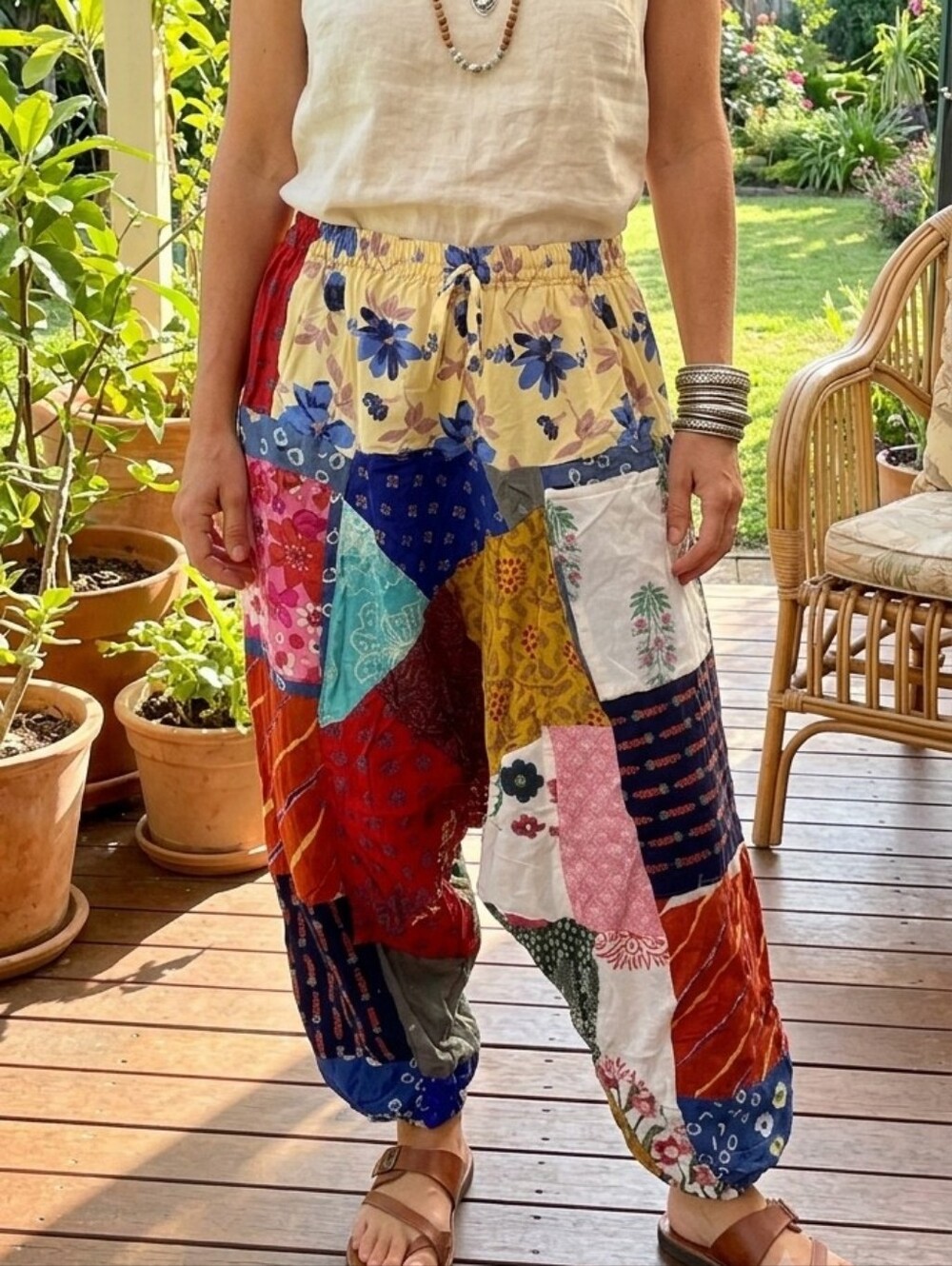 India Blue Patchwork Cotton Harem Floral Pants Boho.